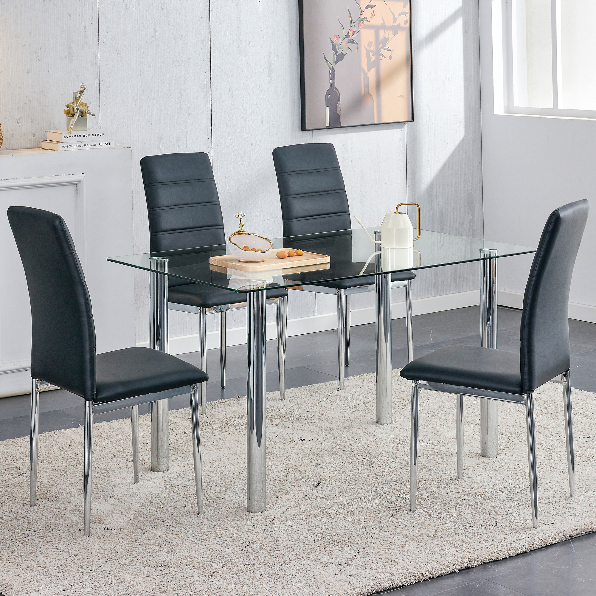 Atumon 5 Piece Glass Dining Table Set, Modern Dining Room Set for 4, Kitchen Dining Table with 4 Black PU Leather Chairs, Dining Table Set with Metal Legs for Dining Room Kitchen Apartment