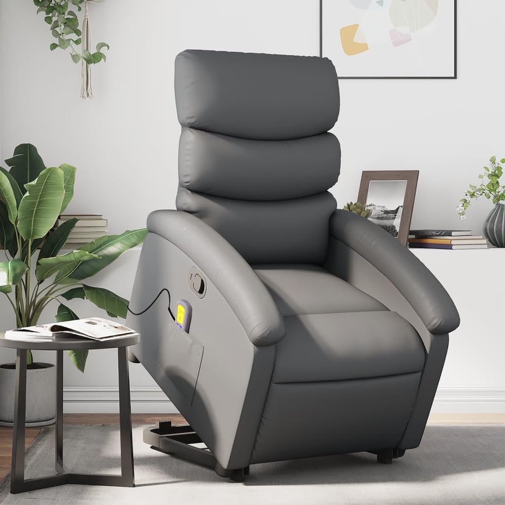 vidaXL Stand-Up Gray Faux Leather Power Lift Massage Recliner with Manual Recline - Comfortable Senior Seating for Living Room