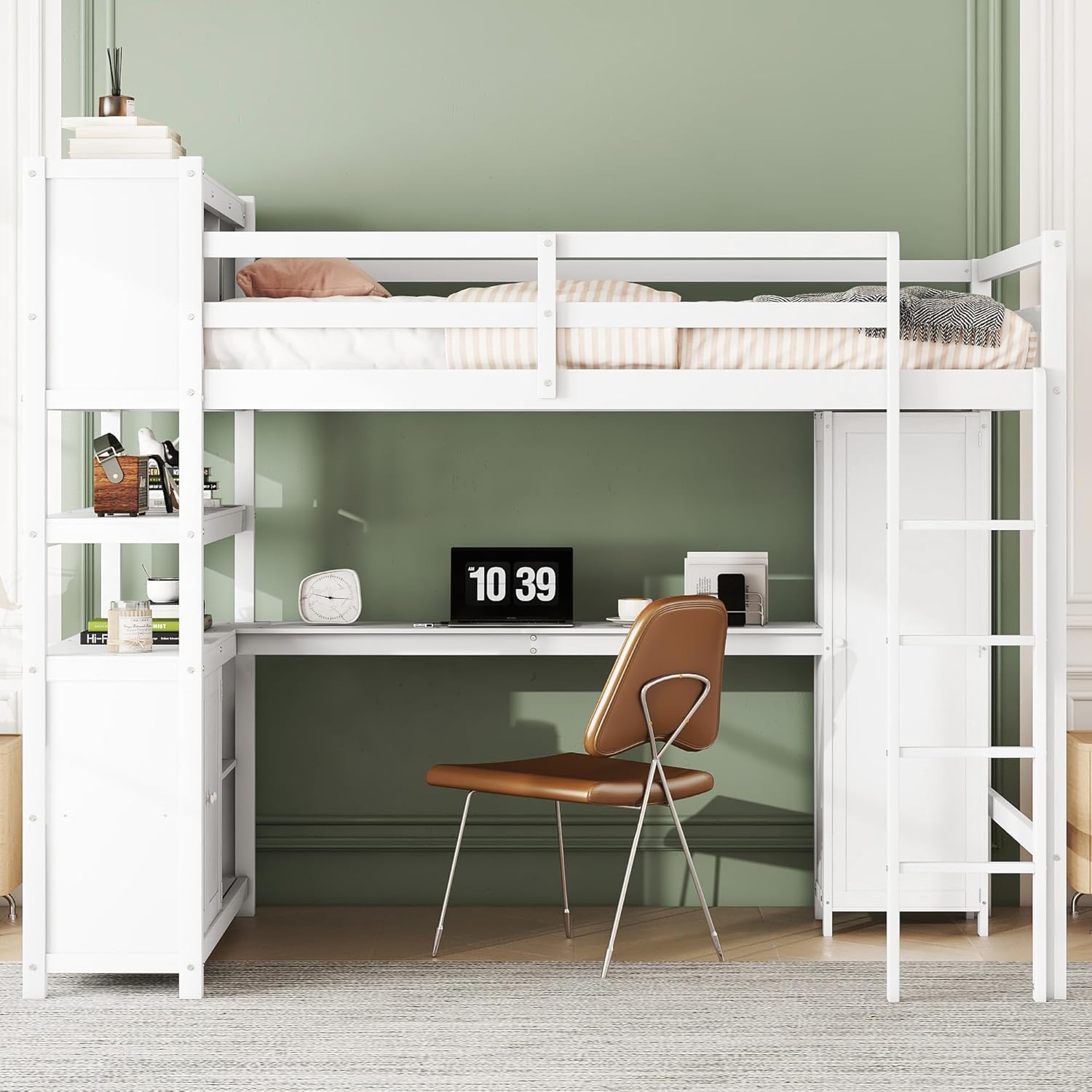 Harper & Bright Designs Full Size Loft Bed with Built-in Desk, Bookshelf, Wardrobe, Full Length Guardrail and Ladder, White