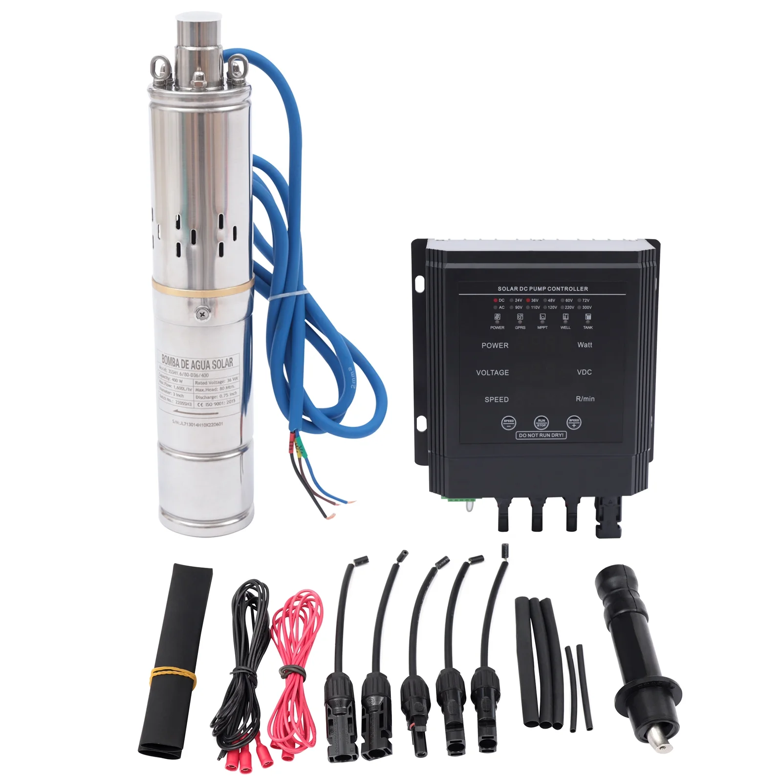 Loyalheartdy Deep Well Submersible Pump, 3" Stainless Steel Solar Water Pump Permanent Magnet Brushless DC Motor w/Controller 262'