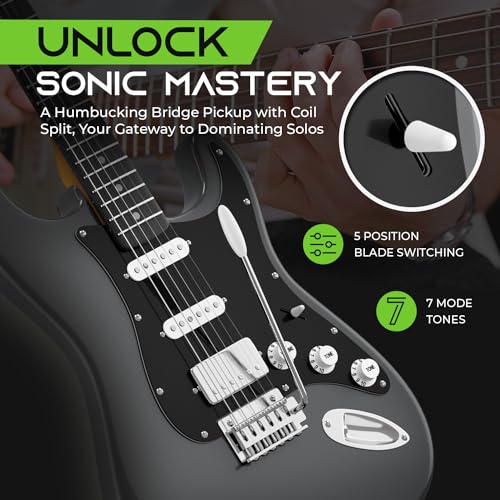 GearIT Professional Electric Guitar (Premium Ash Tonewood), GST-200 SoCal Series, 39in Full-Size, HSS Pickups with Coil Split, Round Frets, Genuine Rosewood Fretboard, Accessories - Metallic Gray