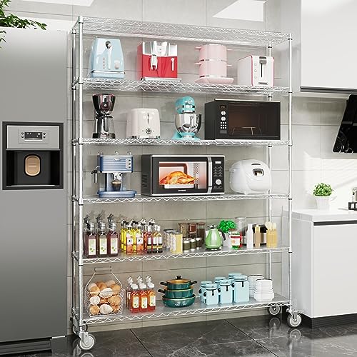 NSF 6 Tier 6000lbs Metal Shelf Wire Shelving Unit, Heavy Duty Adjustable Storage Rack with 5in Wheels and Shelf Liners for Commercial Grade Utility Steel Storage Rack - 18"D x 60"L x 87.5"H - Black