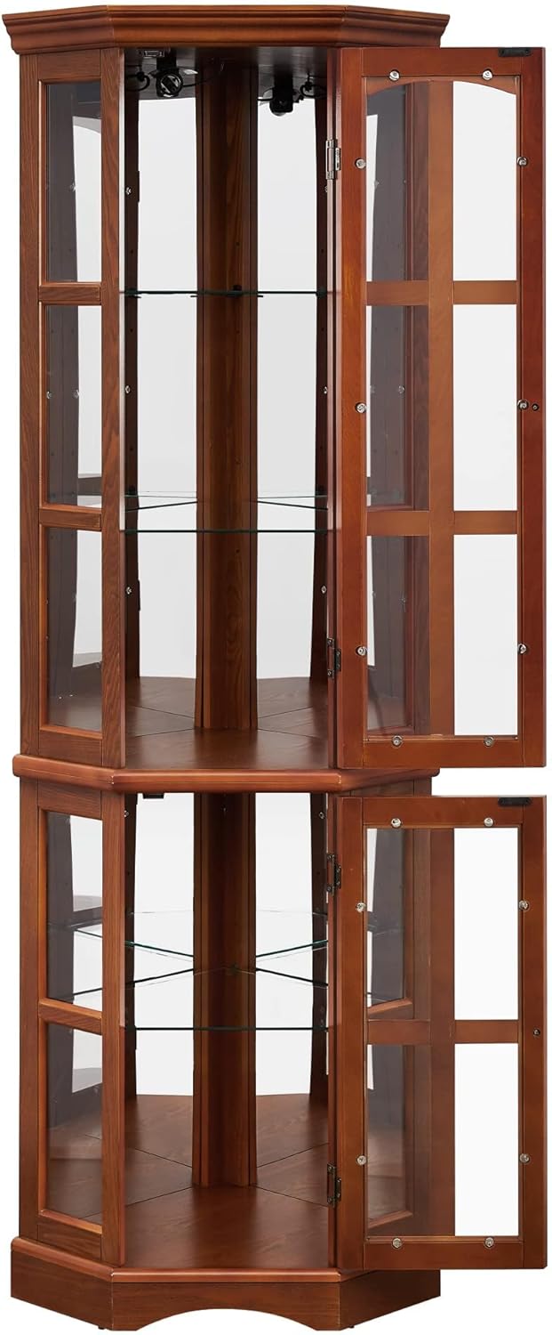 Curio Cabinets With Glass Doors, Corner Curio Cabinet with 5 Shelves and Lighting System, Display Cabinet with Glass Doors for Living Room, Home, Office, Study Room-Oak (light bulb not included)