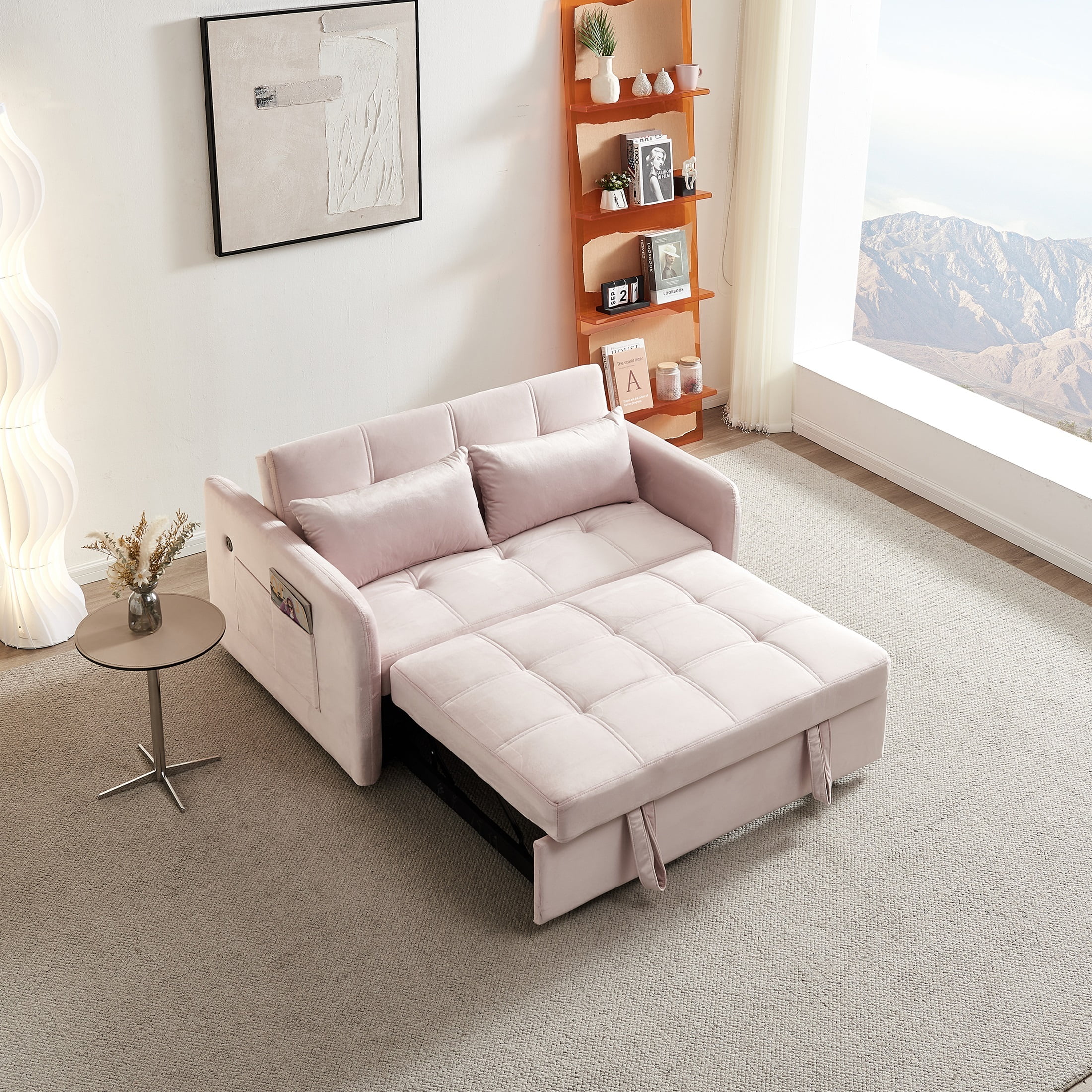 Noodeniya Convertible Sleeper Pull Out Sofa Bed with USB Port and Side Pockets, Velvet Loveseat Sofa Couch, Modern Sofa Bed for Small Space, Pink
