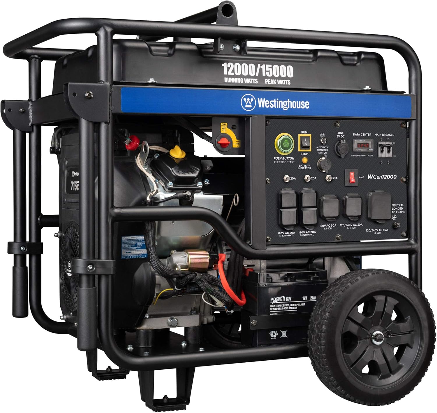 Westinghouse Outdoor Power Equipment WGen9500DF Dual Fuel Portable Generator 9500 Rated and 12500 Peak Watts Gas or Propane Powered, Electric Start, Transfer Switch & RV Ready CARB Compliant