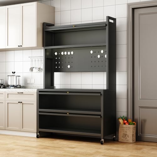 Kitchen Pantry Storage Cabinet with Microwave Space, Freestanding Coffee Bar Shelf Rolling Bakers Racks with 3 Doors for Hutch, Home, Office, Pantry, Garagestorage, White
