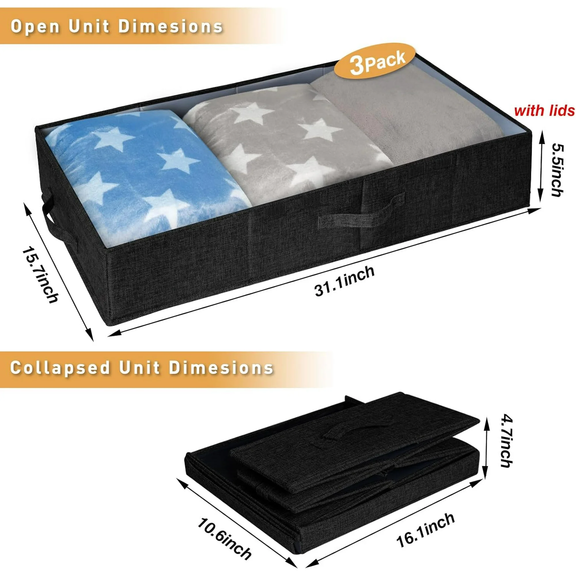 Under The Bed Storage Containers 3 Pack, 6 Inch Tall Stackable Underbed Storage Bins With Handles, Closet Organizers and Storage Bins, Large Under Clothes Drawer Organizers Box For Crib, Black