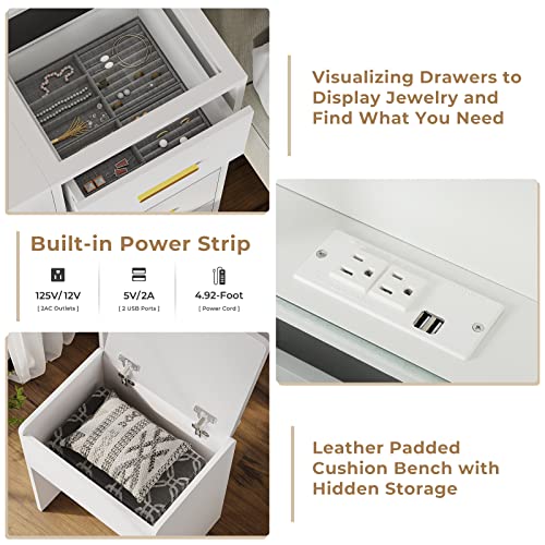 AOGLLATI Makeup Vanity Set with Lights, Vanity Desk with Mirror and Lights, White Vanity Table with Cushioned Stool, Makeup Desk with Charging Station, Visible Drawers, Open Storage Shelves