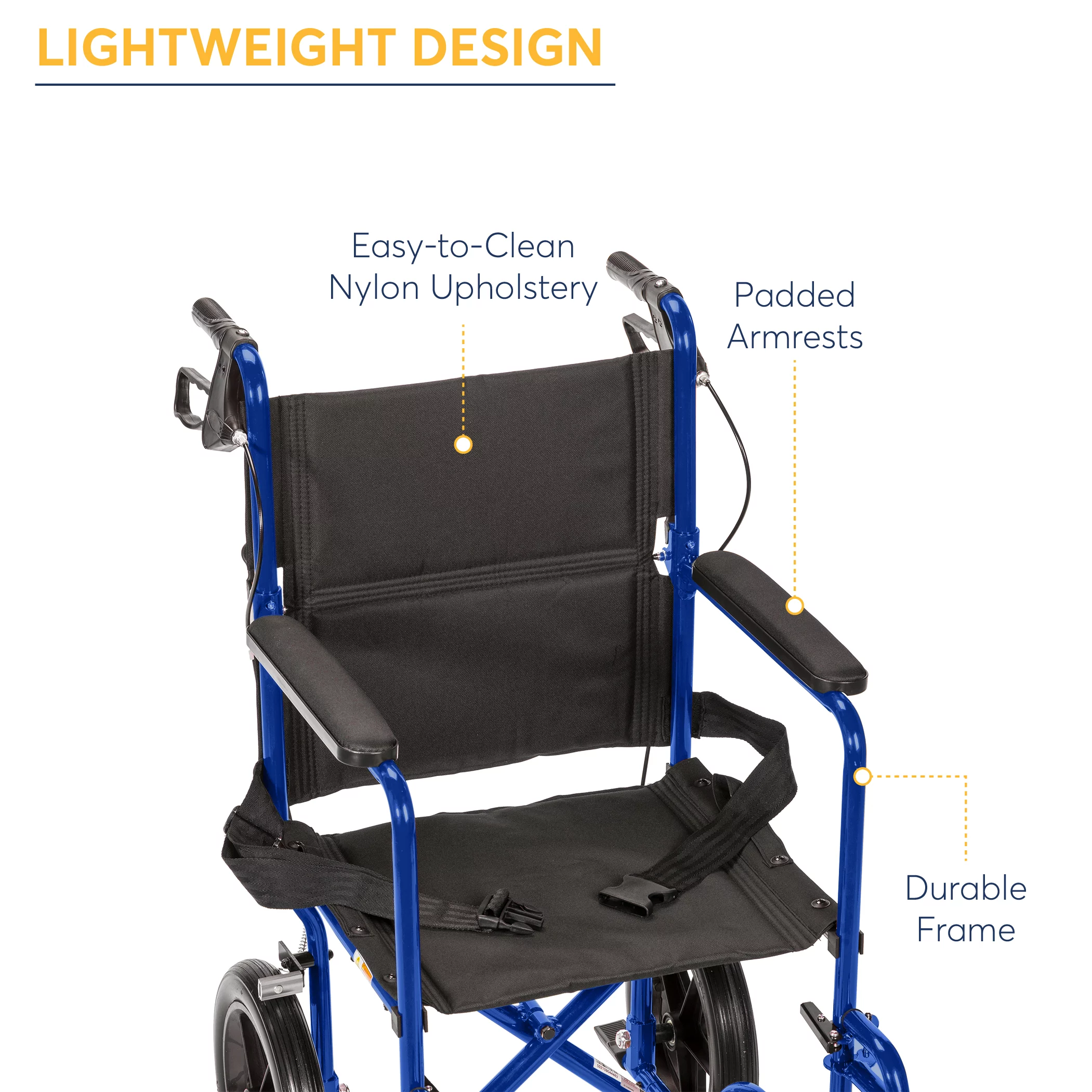 Drive Medical Lightweight Expedition Transport Wheelchair with Hand Brakes, Blue, 19" Seat
