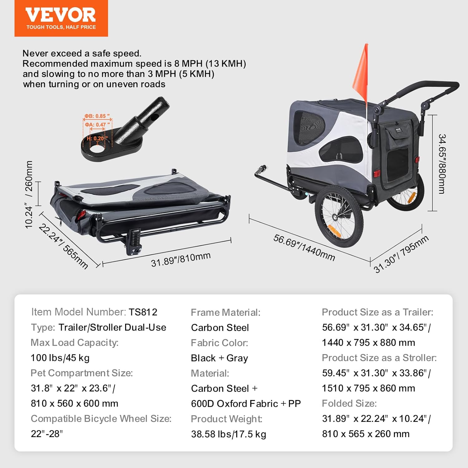 VEVOR Dog Bike Trailer, Supports up to 100 lbs, 2-in-1 Pet Stroller Cart Bicycle Carrier, Easy Folding Cart Frame with Quick Release Wheels, Universal Bicycle Coupler, Reflectors, Flag, Black/Gray