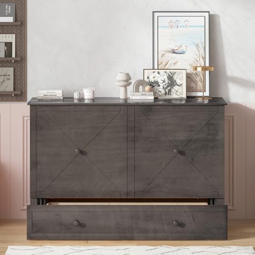 BALUS Murphy Bed, Furniture Murphy Cube Cabinet Bed with USB Charging Station, Foldable Cabinet, Memory Foam Queen Size Mattress, Storage Drawer-Cherry