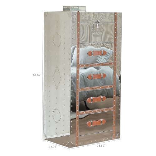Mid-Century Modern Tall Dresser with Flip Top Mirror Metal Clad Antique Chest of Drawers for Bedroom 5 Drawers Storage Tower Organizer for Living Room, Hallway, Entryway, Closets, Golden