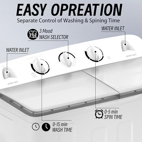 Portable Twin Tub 32lbs Washing Machine with Drying Rack&10 Hangers, 20lbs Washer Mini Compact Laundry Machine and 12lbs Spinner, Semi-automatic Washer Combo for Dorms, Apartment (32lbs)