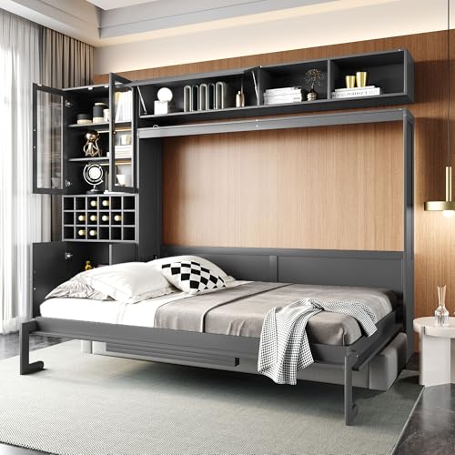 Merax Queen Size Murphy Bed Wall Bed with Sofa, Shelves, USB & Light - Space Saving Foldable Bed for Small Apartments, Grey