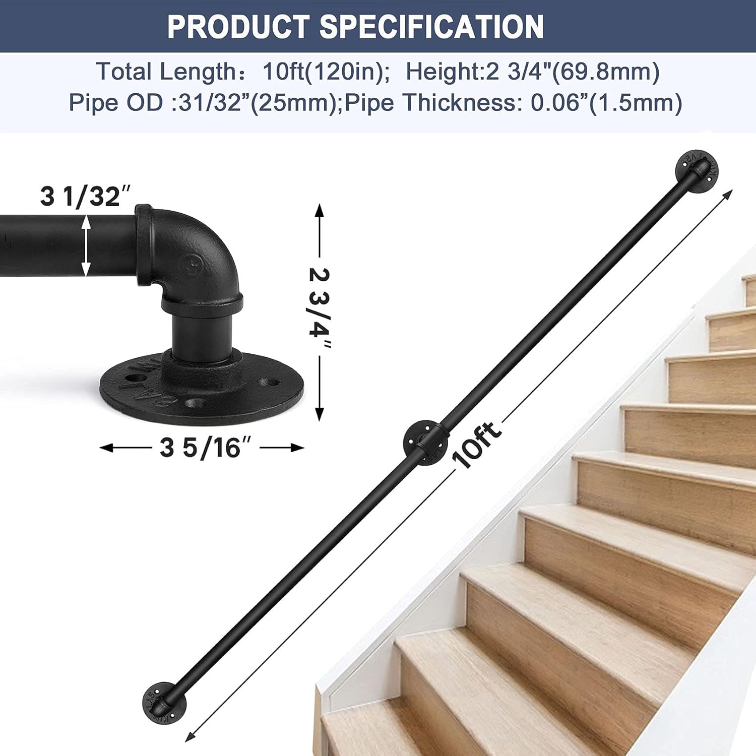 Seeutek Staircase Handrails 10FT Handrails for Indoor Stairs Stair Railing Hand Railings for Stairs Metal Railing Black Wrought Iron Pipe Handrail with Wall Mount Support