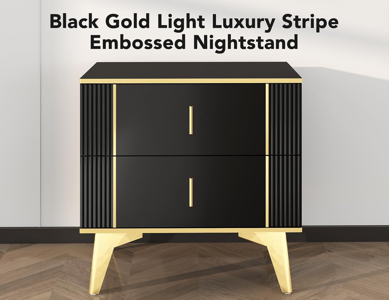Wakefit Nightstands Set of 2, Light Luxury Bedside Table with 2 Wood Drawers, End Tables with Metal Handles and Metal Legs for Bedroom, Stripe Double (Black)