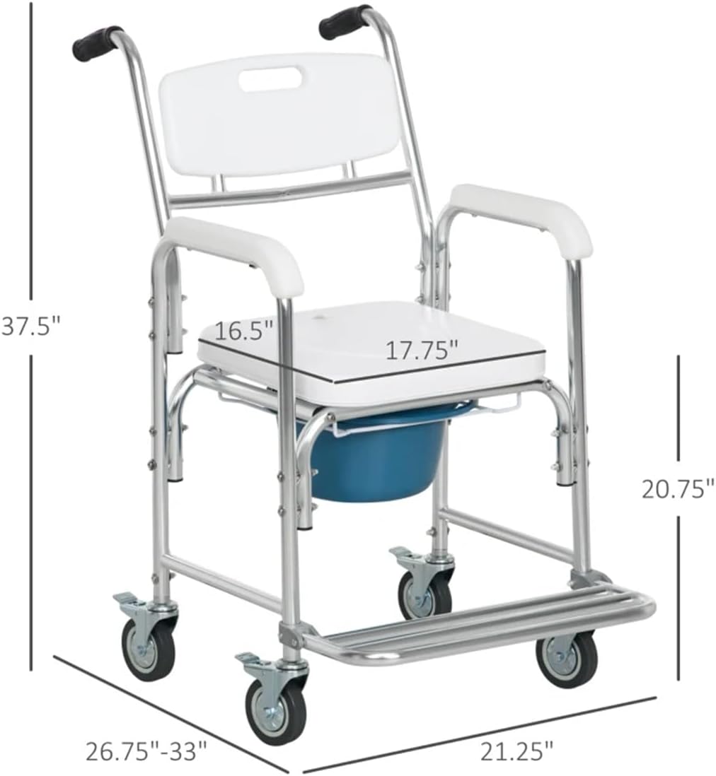 Rolling Shower Wheelchair with Commode, 4 Lockable Wheels - Adjustable for Adults, Elderly, Inside Shower Use, WHITE