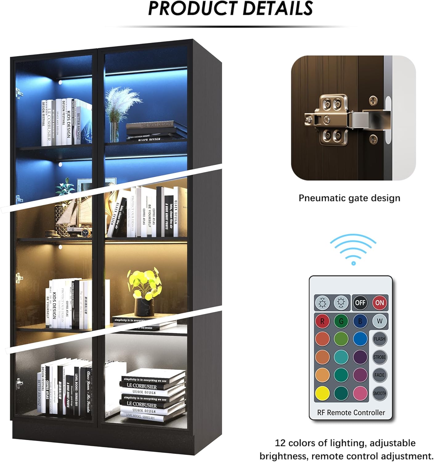 Display Cabinet with Glass Doors & Lights, 4-Tier Storage Cabinet Trophy Curio Display, Lighted Bookcase for Home Office, Black
