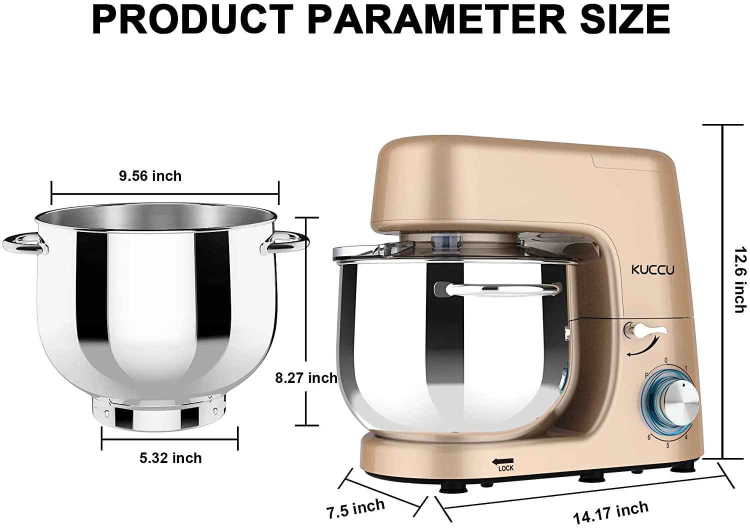 Kuccu Stand Mixer, 8.5 Qt 660W, 6-Speed Tilt-Head Food Dough Mixer, Electric Kitchen Mixer with Dough Hook, Flat Beater & Wire Whisk, Mixing Bowl (8.5-QT, Gold)