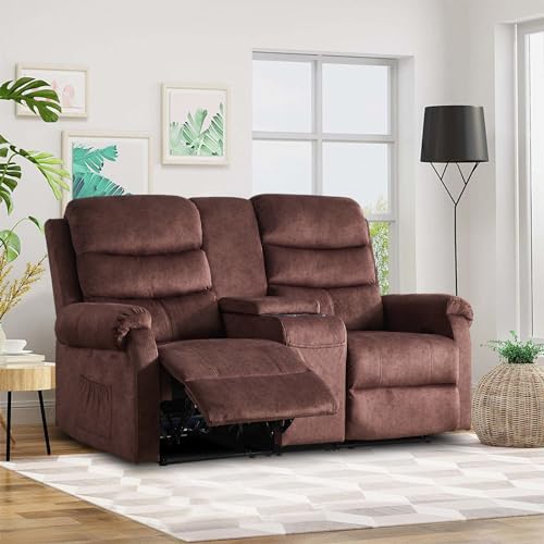 65.7" Manual Loveseat Recliner, Linen Fabric Home Theater Seating Recliner Chair with Storage Console, 2 Seater Reclining RV Sofa Chair for Living Room with Cup Holders (Grey-Linen)