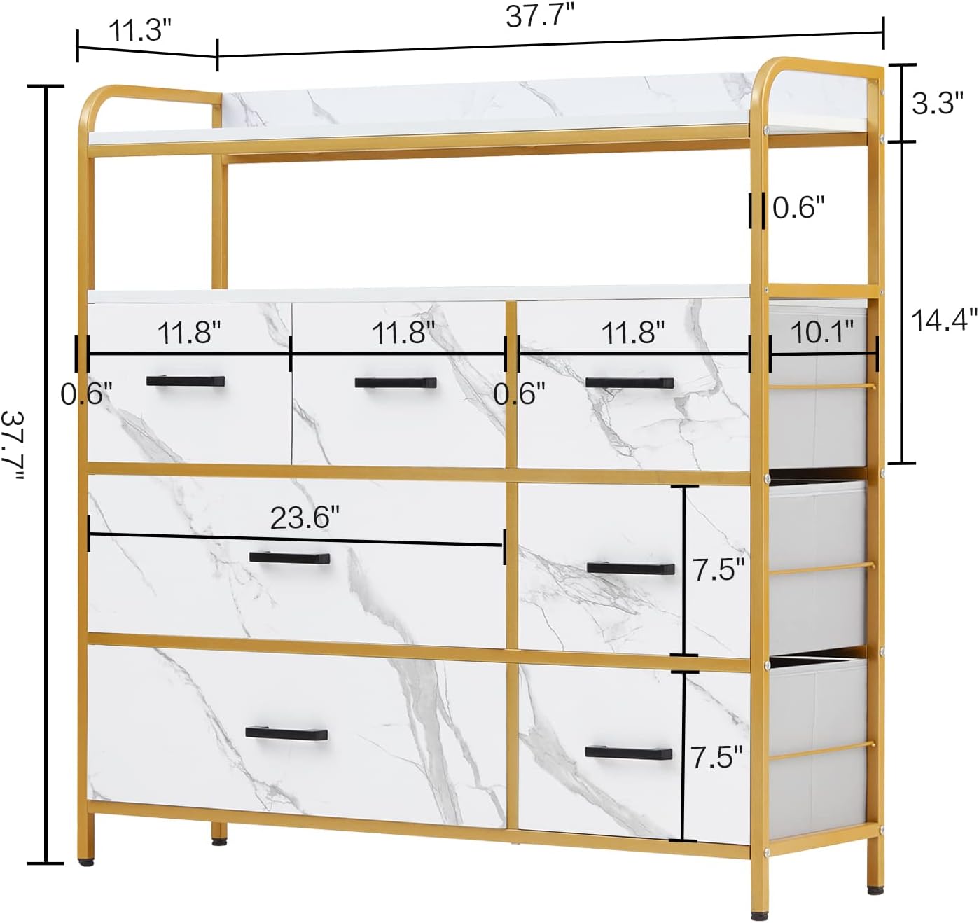 LINSY HOME Dresser for Bedroom, White Chest of Drawers with Double Shelf and 7 Drawers, Storage Organizer for Closet, Living Room, Entryway, Sturdy Steel Frame, Wood Top
