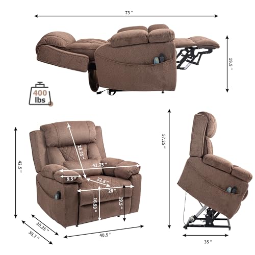 Light Grey Recliner Chair for Elderly | Tall and Big Man 400lbs | Chenille | Power Lift, Lay Flat, Stand Up, Wireless Charging Device, Extended Footrest, Massage Heat, Cup Holder, Lumbar Pillow