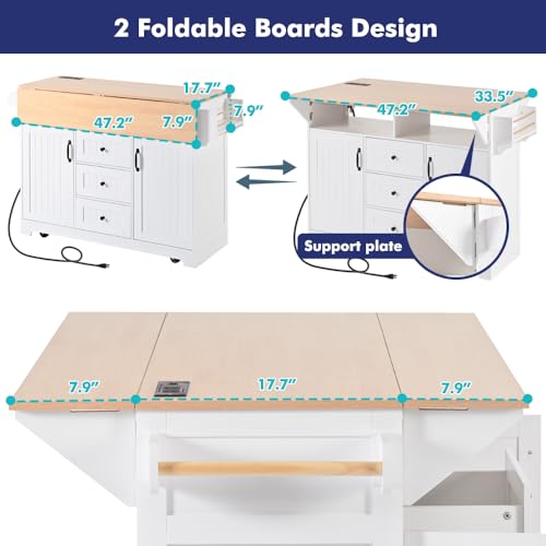 Rolling Kitchen Island with 2 Drop Leaf and Power Outlet, Island Table on Wheels with Towel Rack and Spice Rack, Kitchen Cart with Storage Cabinet and Drawers (White)