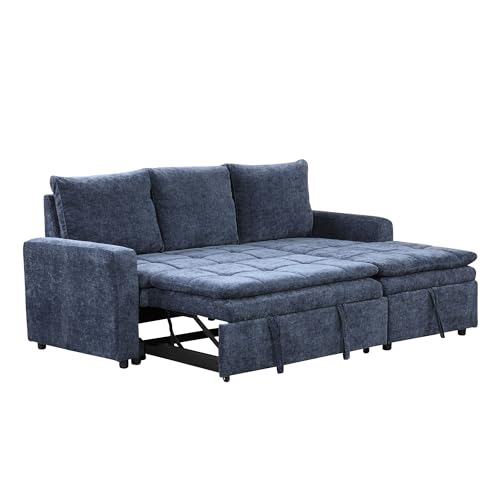 Convertible Sofa Couch with Storage Chaise, 3 Seat Sectional Sofa Set with Pullout Bed for Living Room, L-Shaped Modern Polyester Modular Sofa Sleeper for Office, Apartmen (Grey)