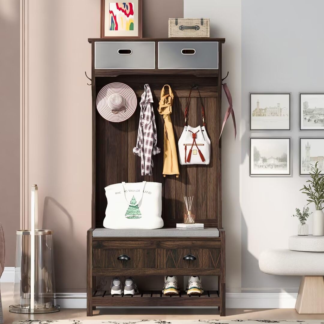 68.9" H Hall Tree with 6 Hooks and Hinged Lid, Coat Hanger, Entryway Bench, Storage Bench, 3-in-1 Design, 69INCH, for Entrance, Hallway,Brown