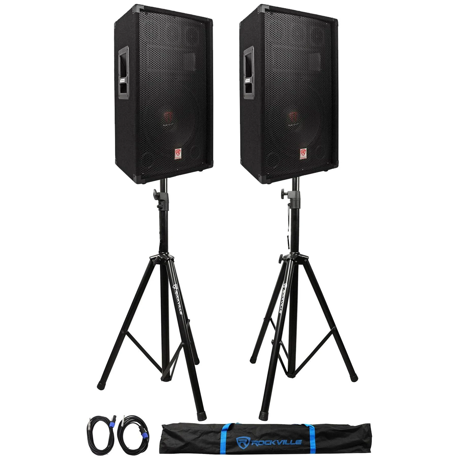 2) Rockville RSG12.4 12 3-Way 1000W 4-Ohm Passive DJ Speakers+Stands+Cables+Bag