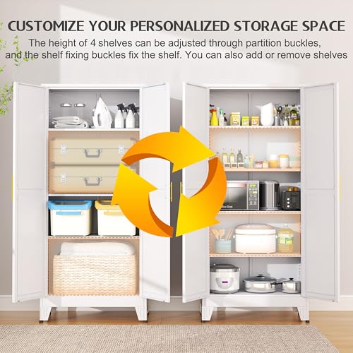 75.2" Tall Metal Pantry Cabinet, Storage Cabinets with 4 Door and 4 Adjustable Shelves, Black Kitchen Pantry Storage Cabinet, Freestanding Cupboard for Kitchen Dining Room Living Room Bathroom