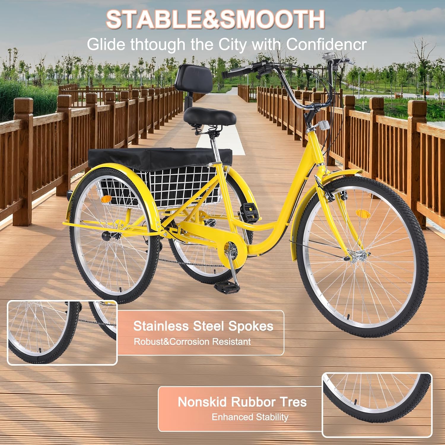 Adult Tricycle 26 inch 7 Speed, Three Wheel Bicycle for Adult, Trike Cruiser W/Tools & Big Basket for Exercise Shopping Picnic Outdoor Activities Yellow