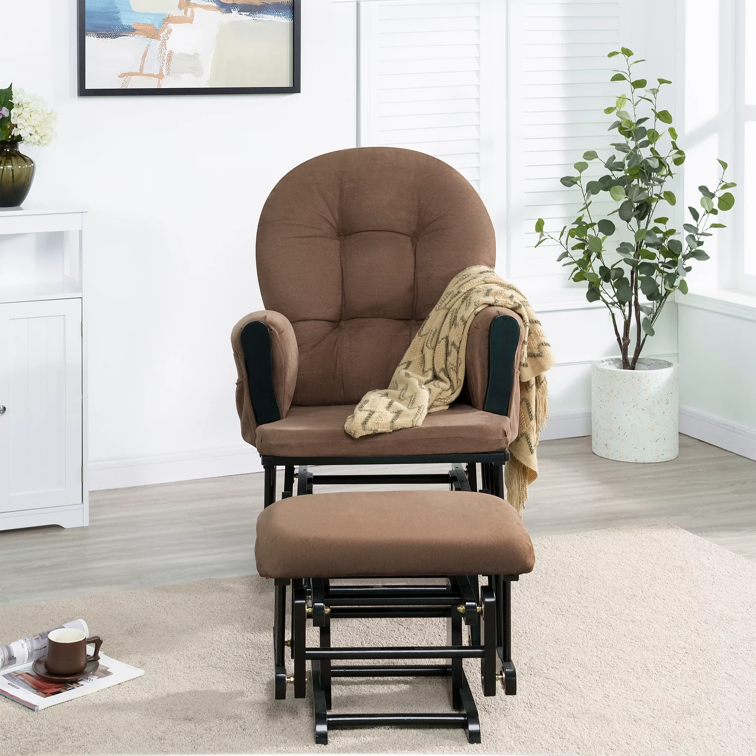 Nursery Glider & Ottoman Sets, Reclining Swivel Glider Rocker with Ottoman, Nursery Rocking Chair for Baby Room, Upholstered Nursery Recliner Glider with Ottoman, Padded Arms - Chocolate, Black