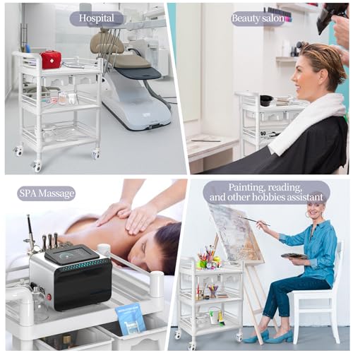 Beauty Trolley Cart with Wheels, Esthetician Cart with Handrail, Bucket and 2 Big Drawer, 2 Tier Heavy Duty Beauty Salon SPA Cart, Load 330lbs, 360° Rotate Silent Wheels