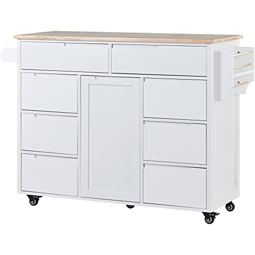 Utility Kitchen Island with Storage Cabinet on Wheels,Wooden Rolling Kithcen Island Cart with 8 Drawers, Rubber Wood Countertop, Spice and Towel Racks, Adjustable Shelves, White