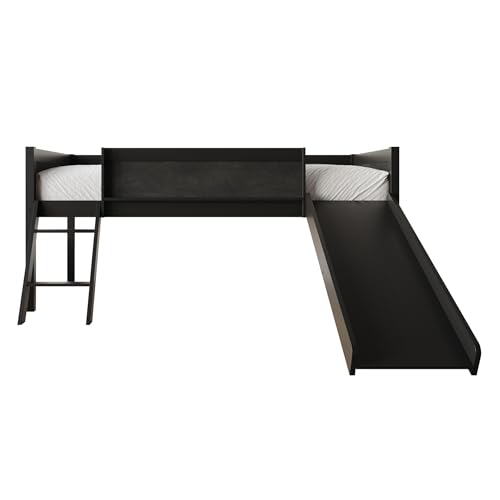 Low Loft Bed with Slide, Climbing Ladder, Chalkboard, Wood Twin Loft Bed Frame with Guardrail for Kids Toddler Boys Girls, Antique Gray