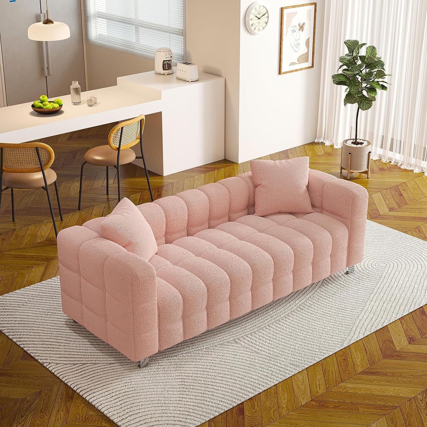 SZLIZCCC 80" Pink Teddy Velvet Sofa, Upholstered Tufted 3 Seater Couch with Two Pillows, Modern Sofa Bubble Couch Loveseat Sofa for Living Room Bedroom