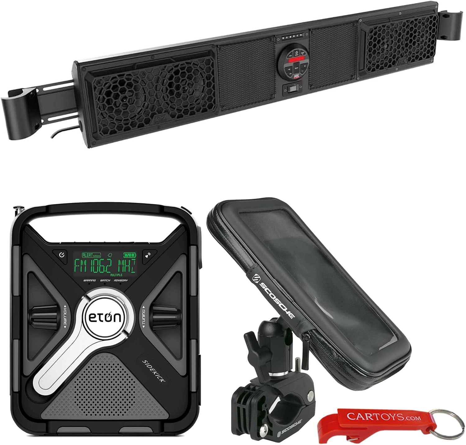 MTX Audio MUDSYS46 Bluetooth Overhead UTV Audio System Adventure Bundle with Eton Sidekick Weather Radio and Phone Mount. All-Weather ATV/Powersports Soundbar with Four Speakers and Built-In Amplifier