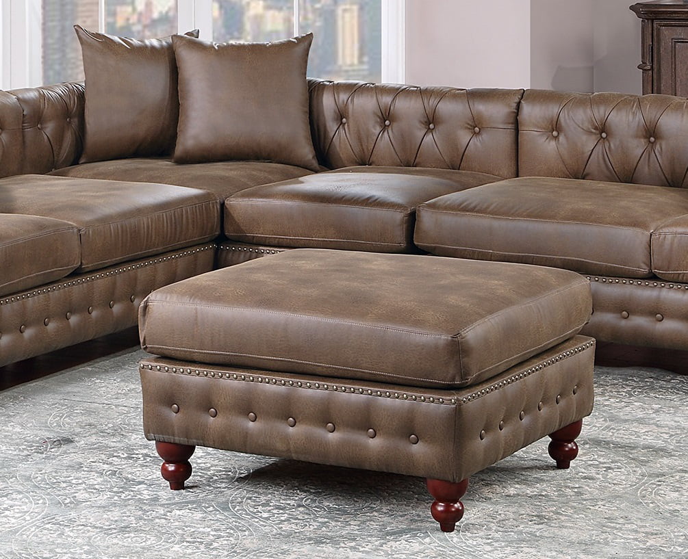 Dark Coffee Breathable Leatherette Solidwood Sectional 4pc Set Reversible Chaise Ottoman Tufted Couch Pillows Living Room