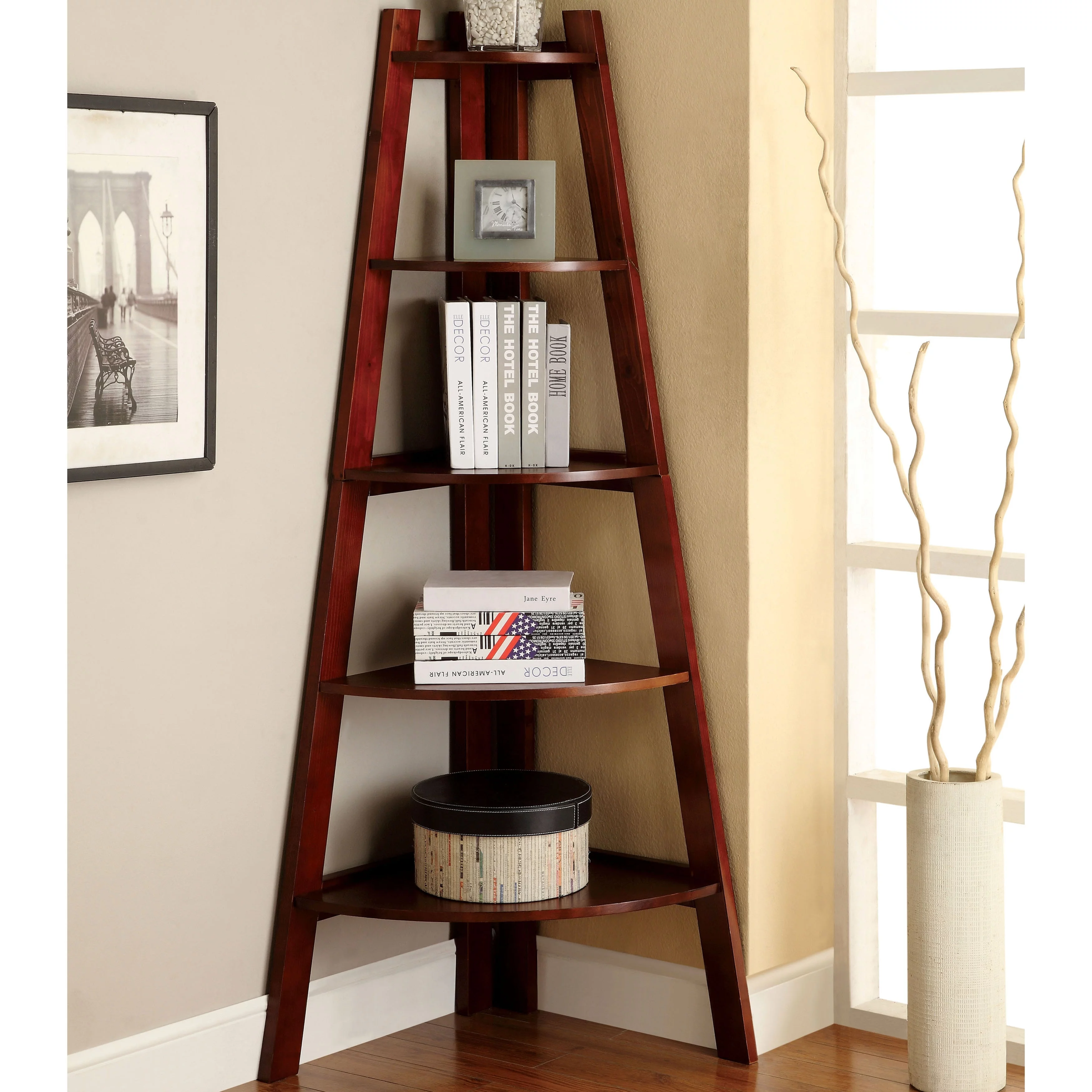 Denhour DH BASIC Space Saving Tiered 5-shelf Corner Bookshelf by  Cherry Cherry Finish, Wood Finish Traditional, Classic
