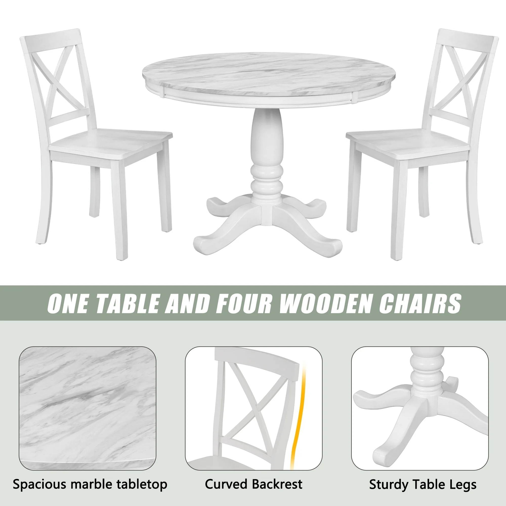 5-Piece Dining Table Set - Solid Wood Kitchen Table with Faux Marble Top & 4 Chairs - Contemporary Design, Easy Assembly White
