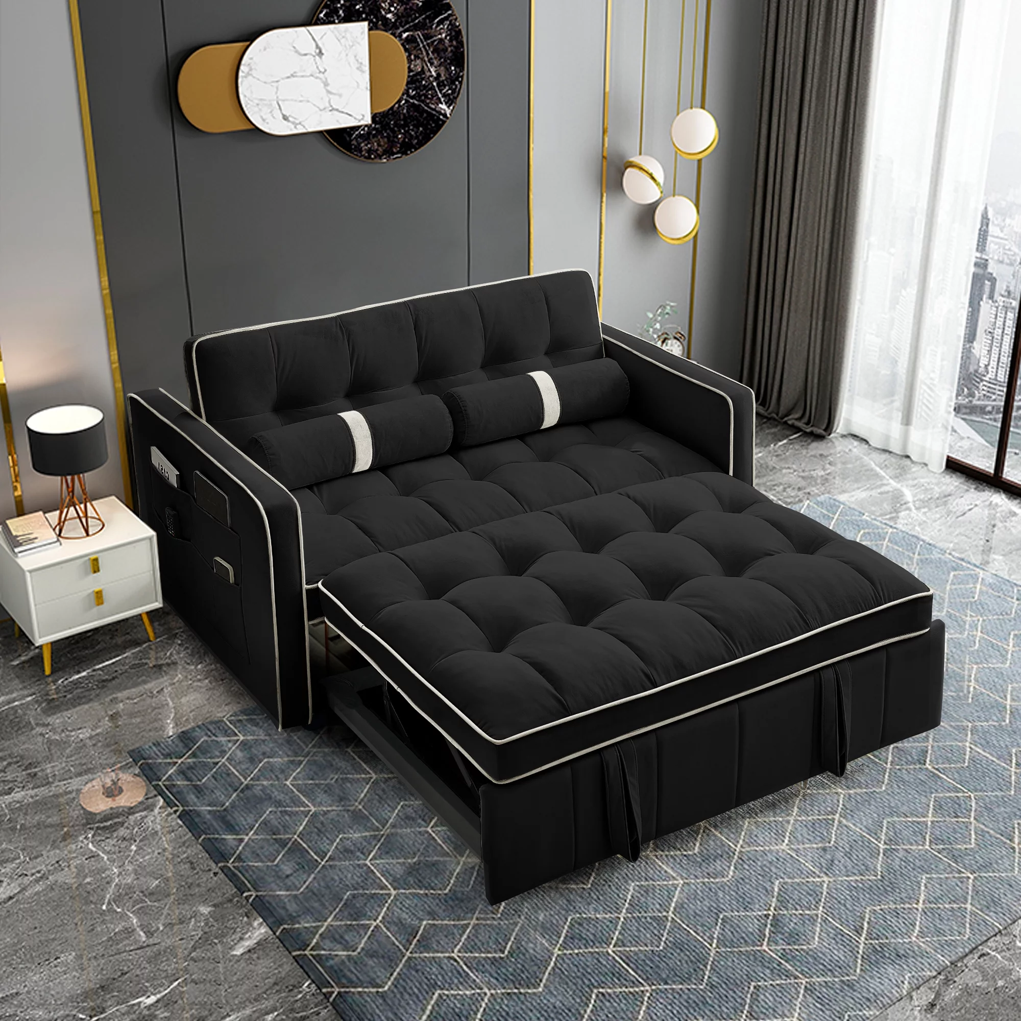 KINFFICT Futon Sofa Bed, Convertible Sleeper Sofa Bed with Pull Out Couch, Modern Velvet Loveseat Sleeper, Small Couch for Living Room, Black - Curated Treasures Market
