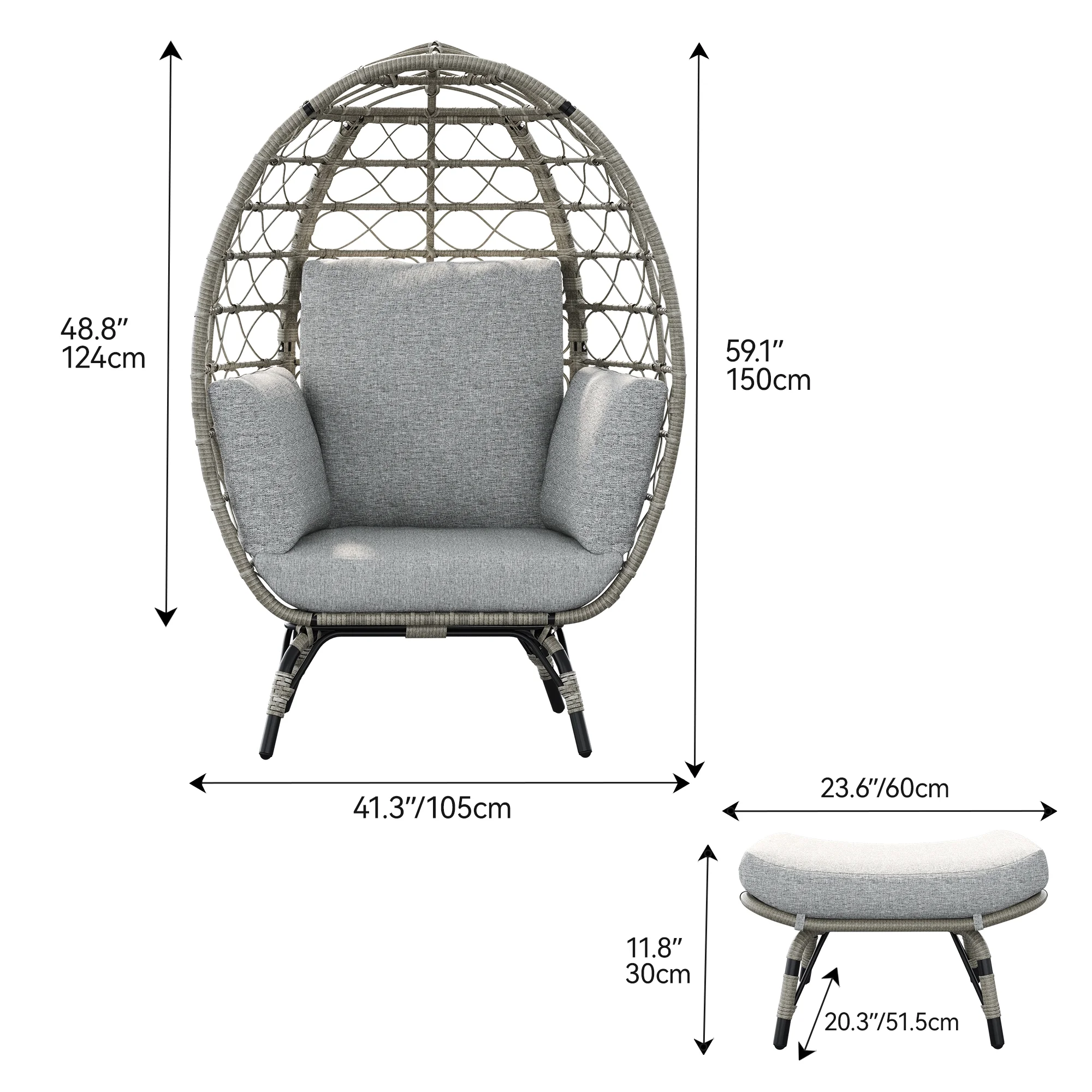 Dextrus Egg Chair with Stand Outdoor Egg Lounge Chair with Cushion Wicker Chair PE Rattan Chair Ottoman Included for Patio, Garden, Backyard, Porch, Gray