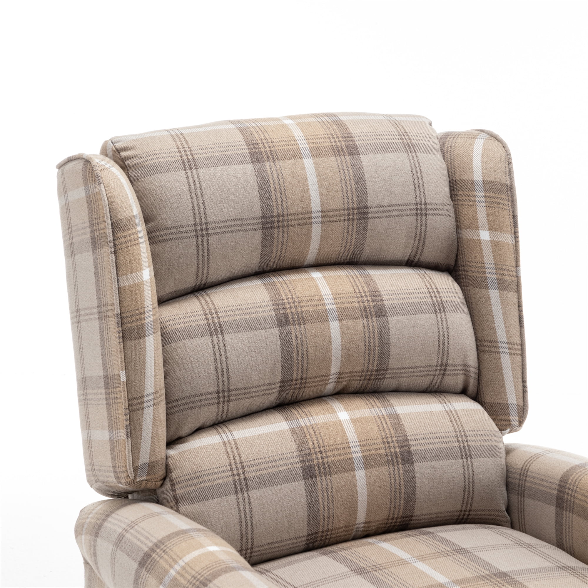 Upholstered Wingback Recliner Chair, Plaid Recliner Chair Armchair Adjustable Footrest Push Back Reclining Sofa, Mid Century Modern Lounge Armchair for Living Room, Bedroom, Reading -- Natural