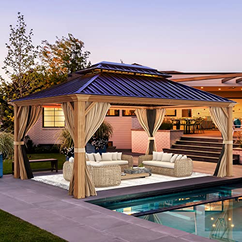 YOLENY 10' x 12' Hardtop Gazebo, Wood-Looking Gazebo with Galvanized Steel Double Roof, Aluminum Frame, Permanent Metal Pavilion with Netting and Curtains for Deck, Backyard, Patio and Lawns
