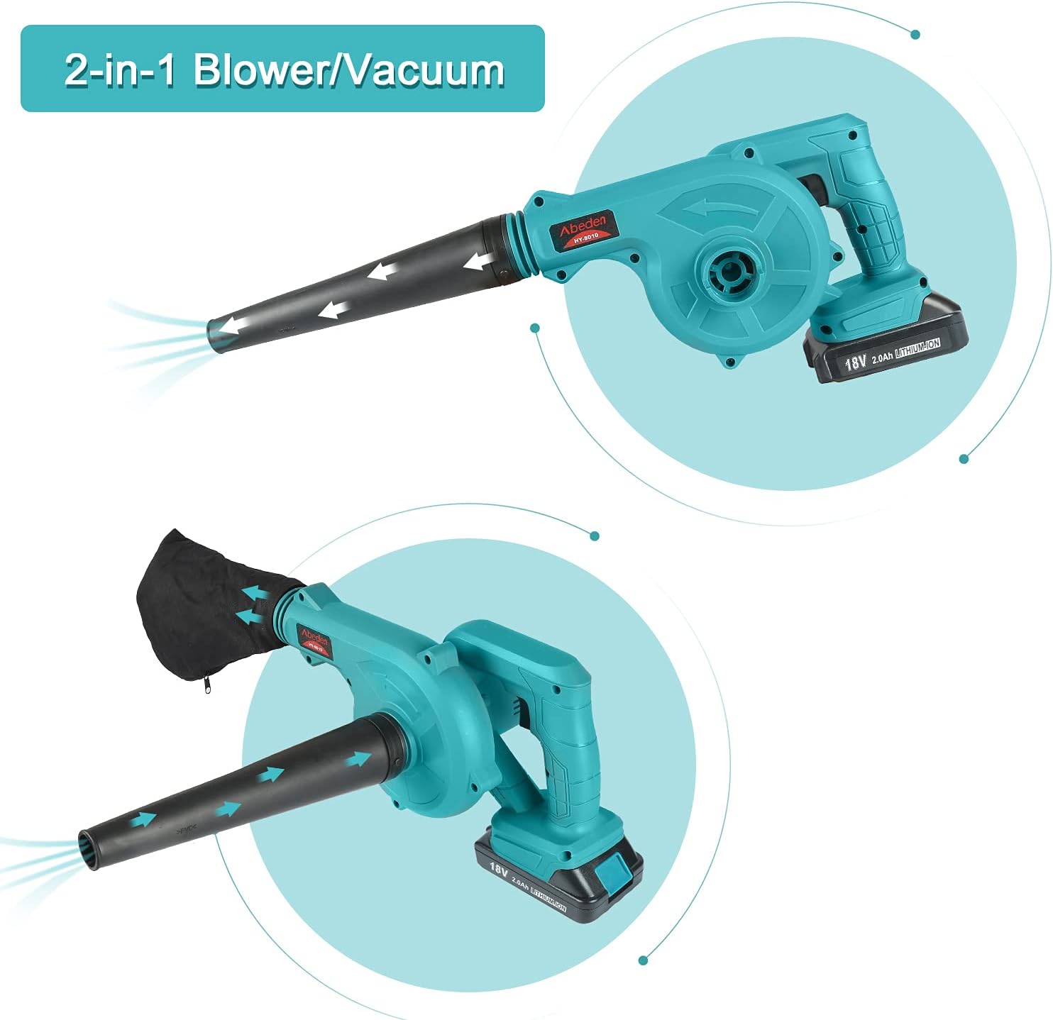 Abeden Cordless Leaf Blower,2-in-1 Electric Handheld Sweeper/Vacuum with 2 Pack 18V 2.0 Ah Lithium Battery for Blowing Leaf,Cleaning Dust & Small Trash,Car,Computer Host,Hard to Clean Corner