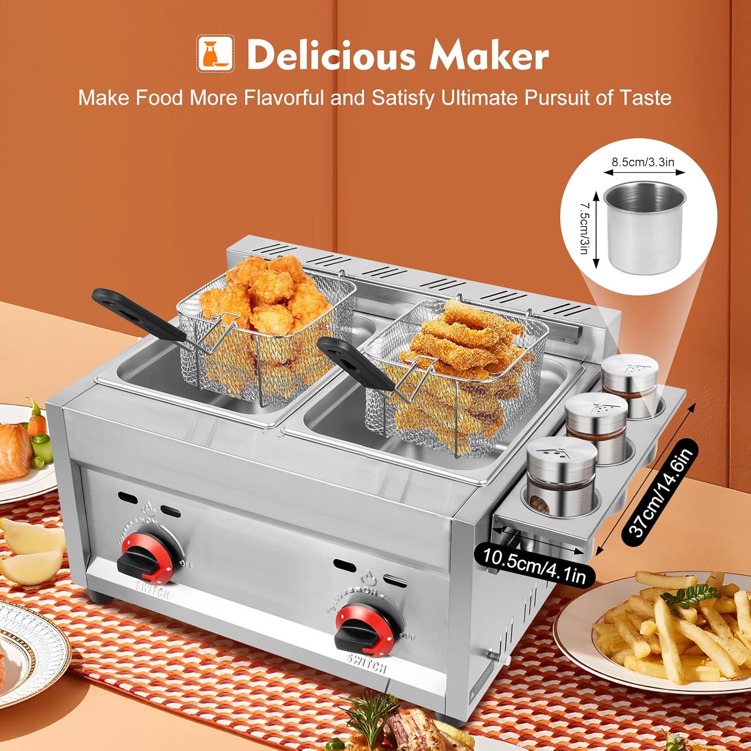Professional Deep Fryer, 6L * 2 Liquid Propane or Natural Gas Countertop Kitchen Fryer Countertop Gas Fryer Fryer Kitchen Countertop Gas Fryer Deep Fryer Combined Fryer with 2 PCS Basket Set