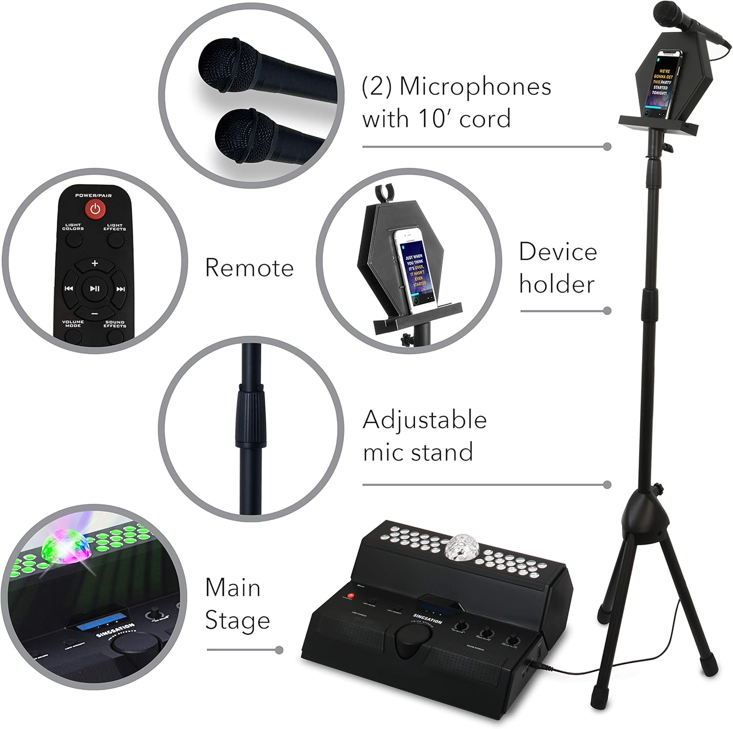 Singsation Karaoke Machine - Main Stage All-In-One Premium Karaoke Party System w/Vocal, Sound & Light Effects, Two Mics & Sound System