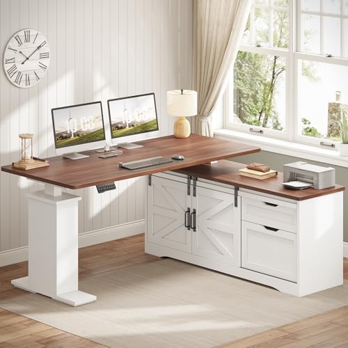 SEDETA Farmhouse L Shaped Standing Desk, 55 inch Height Adjustable Corner Desk with Storage Drawers, Standing Computer Desks with Power Outlets for Home Office, Black
