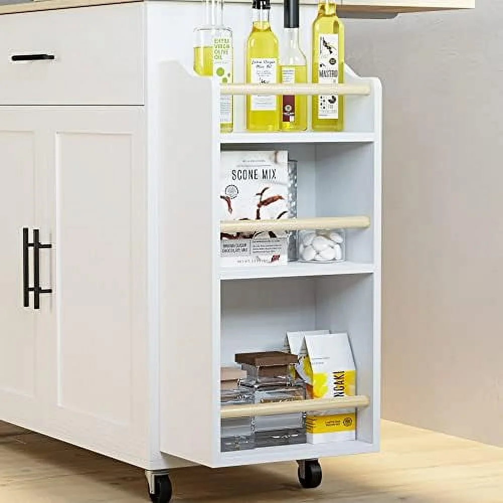 SQCFVGB Kitchen Island with   Rolling Kitchen Island on Wheels with Drop Leaf  3 Open Spice Rack   Door Cabinet  Drawer  Kitchen Cart Island Table for Kitchen  White - Curated Treasures Market